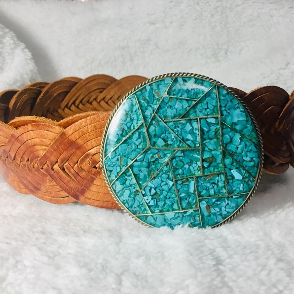 Chico's Accessories - HP🎉 Leather Belt with Turquoise Chip Belt Buckle